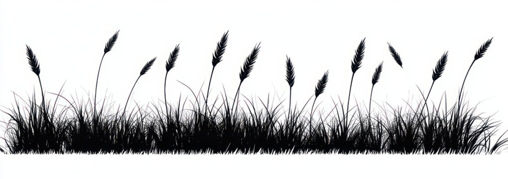 black silhouette of wild grasses with tall seed heads and clumps along a low grassy border on white background, tranquil minimalist nature scene