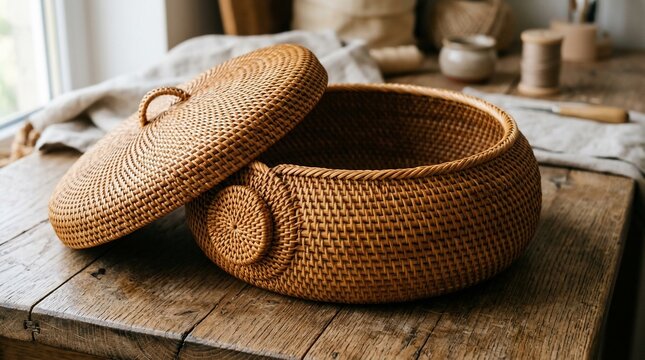 Handmade round rattan basket with lid on wooden table