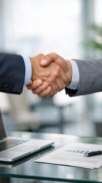 Two professionals in suits closing deal with handshake and paperwork on desk