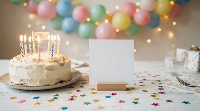Birthday cake with candles and blank card on table
