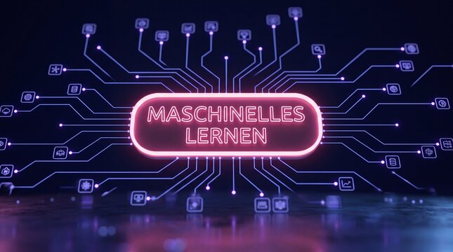 Leuchtender Neon Schriftzug Maschinelles Lernen auf pillenf&ouml;rmigem Schild vor digitalem Platinen Hintergrund