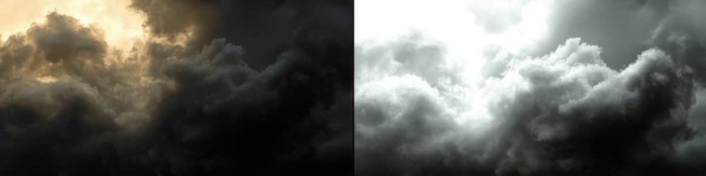 Split dramatic sky diptych with storm clouds &mdash; left panel warm golden light breaking through dark turbulent clouds, right panel high-contrast monochrome clouds, intense moody atmosphere