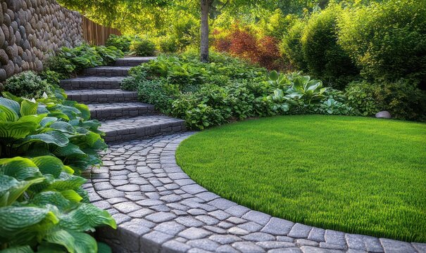 Serene backyard garden with curved cobblestone steps, circular manicured lawn, lush hostas, shrubs and stone retaining wall bathed in warm sunlight