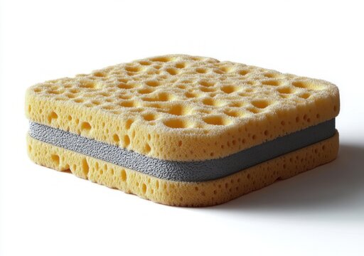 yellow rectangular kitchen sponge with porous holes and gray abrasive middle layer on white background, clean utilitarian and satisfying