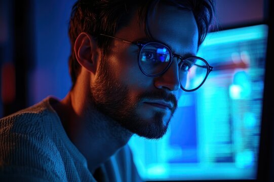 focused person with glasses working at glowing monitors in a dim blue-lit room, viewing lines of code with concentrated expression