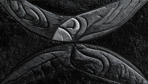 Textured dark gray halves overlap, revealing a lighter gray center in abstract geometric pattern