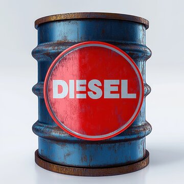 rusty blue metal barrel with red circular diesel label, weathered industrial fuel drum conveying a rugged, utilitarian mood