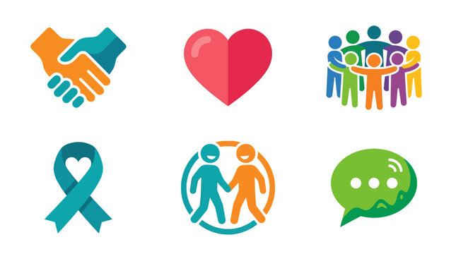 Set of icons representing community, support, teamwork, and communication.