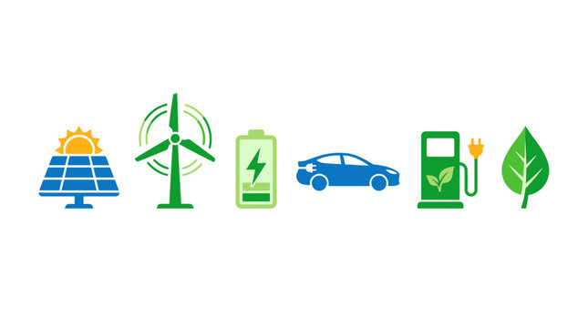 Renewable energy icons: solar, wind, battery, electric car, charging station, leaf.