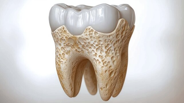 close-up anatomical view of a molar tooth with glossy white enamel crown and porous spongy root structure isolated on white background, clinical and educational