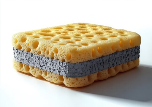 porous yellow rectangular kitchen sponge with gray abrasive middle layer on white background casting a soft shadow, evoking freshness and cleanliness