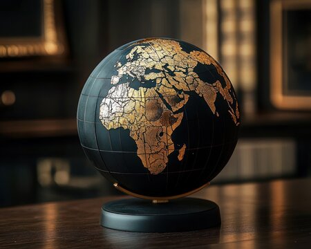 elegant black and gold decorative globe with cracked gold continents on wooden table in warm blurred room, sophisticated and nostalgic mood