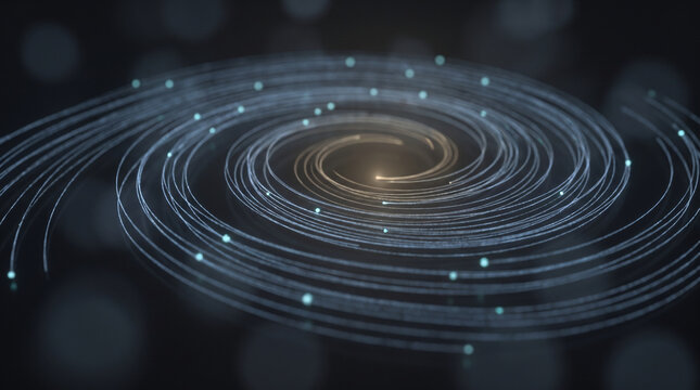 Subtle particle trails curving gracefully toward a soft golden core in a calm minimalist dark space vortex