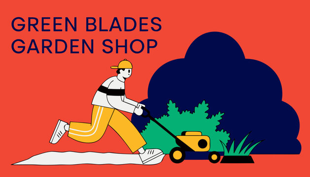 Man with a lawnmower cutting weed and green grass. Mowed grass. Vector cartoon illustration, banner, background, silhouette for garden shop promotion .vector
