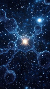luminous hexagonal molecular network with connected strands floating in a deep blue starfield and a bright radiant central light evoking wonder and cosmic mystery