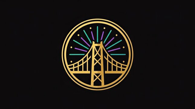 Golden suspension bridge circle emblem with stars.