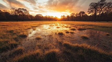Fototapeta premium Golden sunset illuminates a wet meadow with reflections of the sky and trees in the water