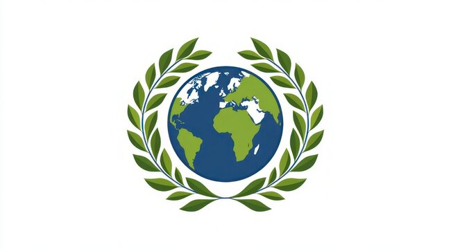 blue and green earth globe encircled by a symmetrical laurel wreath of green leaves on a white background conveying peace, unity and environmental stewardship