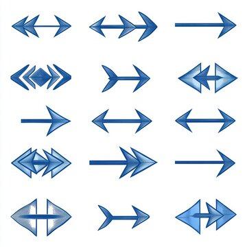 4x4 grid of sixteen stylized blue arrow icons&mdash;single, double, and triple-headed designs on white background conveying dynamic motion and directional energy