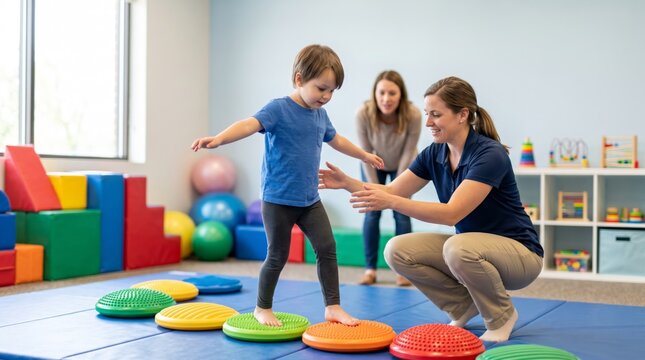 Young child practicing balance on sensory stepping stones with therapist during pediatric occupational therapy session