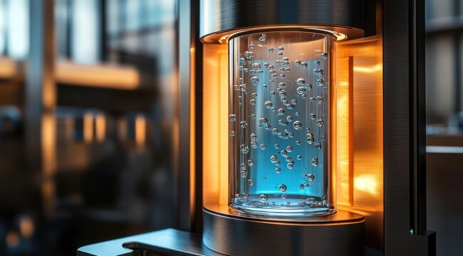 Close-up of sleek stainless steel device with illuminated glass chamber of blue bubbling liquid, warm golden glow and blurred modern background, futuristic precise mood