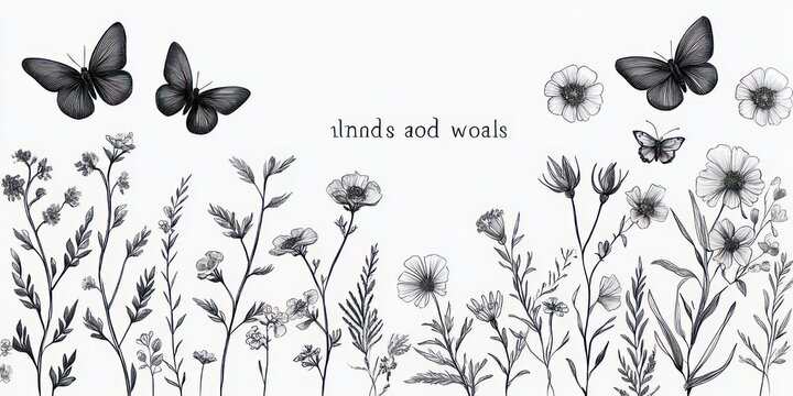 Monochrome ink illustration of delicate wildflowers, grasses and fluttering butterflies on a serene white background with subtle upside-down handwriting