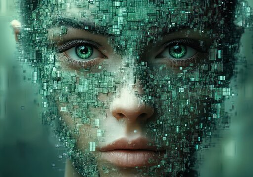 Close-up portrait of a human face dissolving into green digital pixels and circuit-like squares, vivid emerald eyes, calm enigmatic expression, futuristic cybernetic fusion