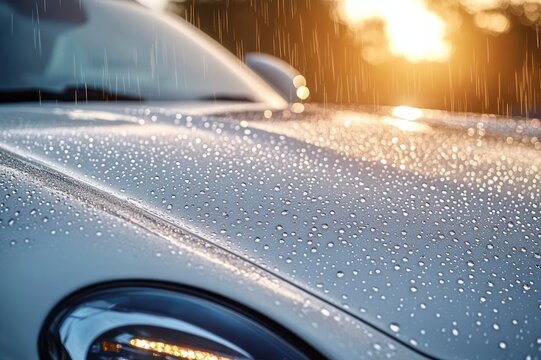 Close-up of a silver car hood covered in beaded raindrops with a glowing headlight and warm sunset rain, calm reflective mood