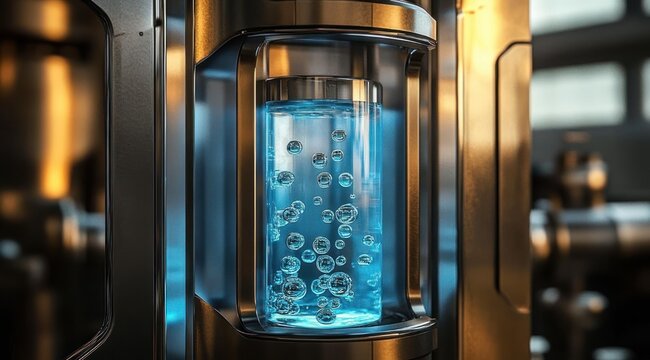 futuristic metallic machine with a transparent glass cylinder of glowing blue bubbling liquid, stainless steel housing and mixed warm and cool lighting evoking curiosity