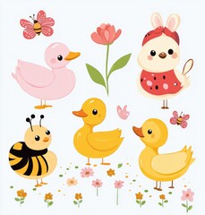 Naklejka premium Cheerful spring illustration of playful yellow ducklings, a pink duck, a bumblebee character, a bunny in a ladybug outfit, butterflies and flowers