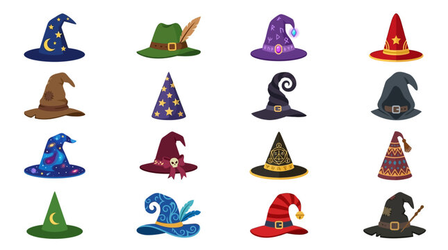 Collection of various colorful witch hats.