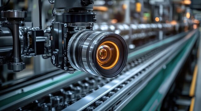 close-up of industrial machine vision camera and lens inspecting glass bottles on a metal conveyor line in a high-tech factory, conveying precision and efficiency
