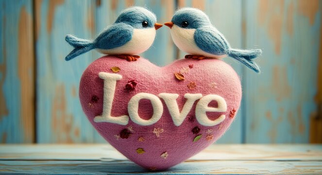 Two blue felt birds perched on a pink plush heart reading the word love on a weathered wooden background, cozy handmade scene conveying affection and romance