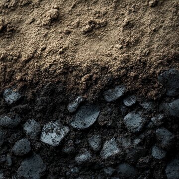 rough layered earth with sandy topsoil and dark charcoal-like stones creating a dramatic gritty texture