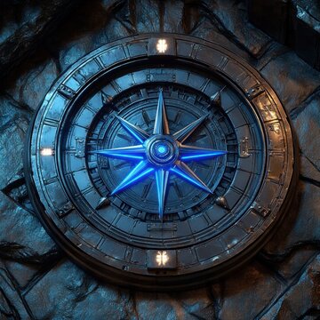 glowing blue eight-point compass star in a circular metallic medallion embedded in rough stone, mysterious futuristic mechanical emblem