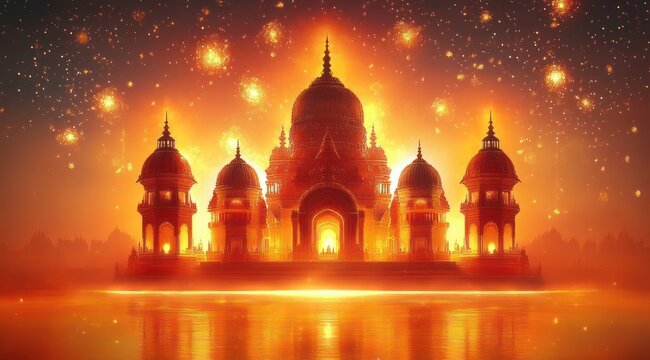 Ornate domed temple palace glowing over calm water at twilight with golden reflection and sparkling stars, evoking a magical, majestic and serene atmosphere