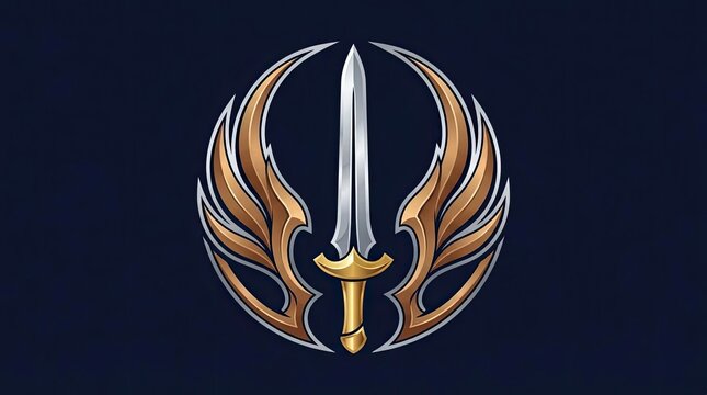Golden sword with wings heraldic crest emblem.