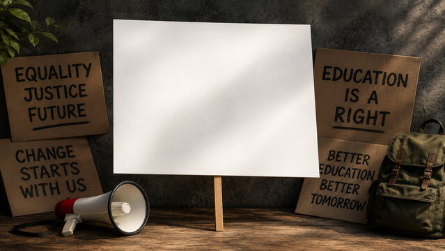 White Sign Board Mockup with Protest Signs and Megaphone