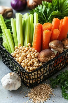 Inviting basket of fresh vegetables and legumes with celery stalks, whole carrots, mushrooms, chickpeas, garlic, leafy parsley and scattered seeds