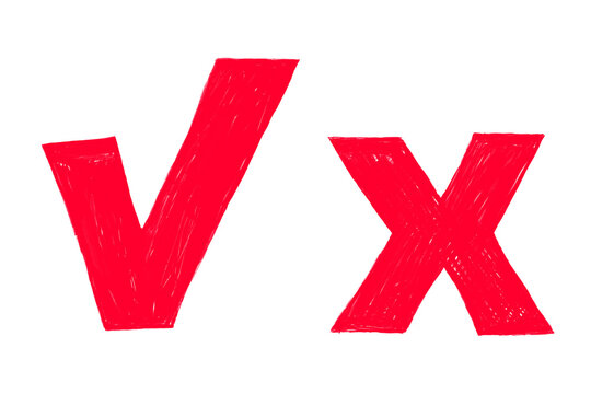 Hand drawn check mark, X mark brush stroke symbols isolated on transparent background. Yes and no icons, correct and incorrect signs for checklists, voting, feedback, UI, education, presentation. PNG