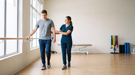 Fototapeta premium Man practicing gait training with physical therapist