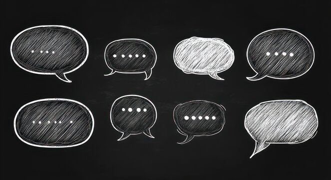 hand-drawn white chalk speech bubbles with ellipsis on blackboard background conveying silence, anticipation and muted conversation