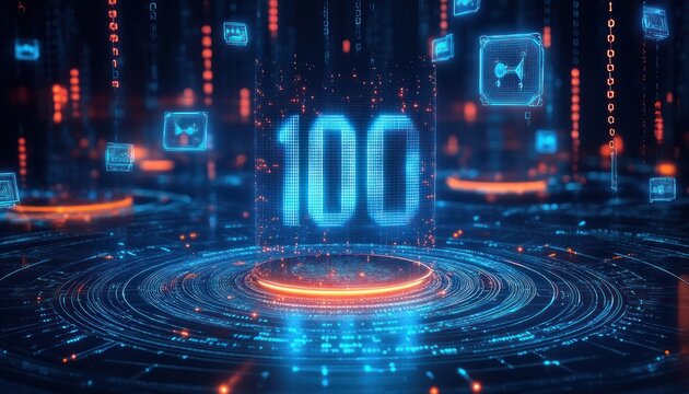 Glowing blue holographic number 100 above an illuminated circular data platform with floating digital cubes, pulsing orange-blue particles and a dynamic futuristic energy