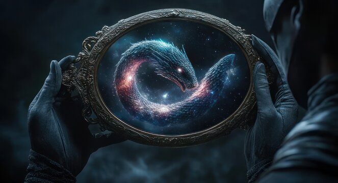 gloved person holding an ornate oval mirror reflecting a glowing cosmic serpent curled like a galaxy, evoking awe and mysterious wonder