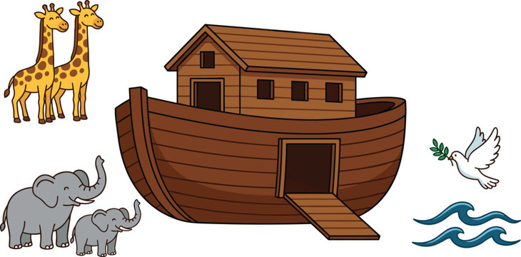 Noahs Ark Biblical Story Vector Set with Wooden Boat, Giraffes, Elephants, Peace Dove, Olive Branch, and Sea Wave Elements