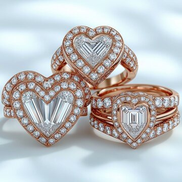 three rose gold heart-shaped diamond rings with pav&eacute; diamonds and central baguette-cut stones on a soft white surface, elegant romantic luxury