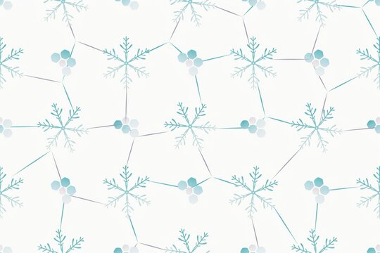 Seamless winter pattern featuring light blue snowflakes and small clusters of berries connected by thin lines on a clean white background