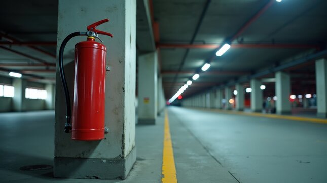 Un extintor montado en un pilar de hormig&oacute;n dentro de un aparcamiento subterr&aacute;neo
