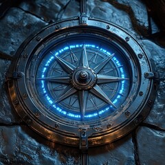Fototapeta premium metallic circular compass-like mechanism with eight-point star, riveted ring and glowing blue illuminated inner circle set into cracked stone, mysterious futuristic exploration mood