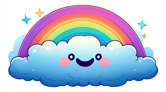 cheerful smiling blue cloud with rosy cheeks under a bright multicolored rainbow arch and twinkling stars, whimsical cute cartoon mood